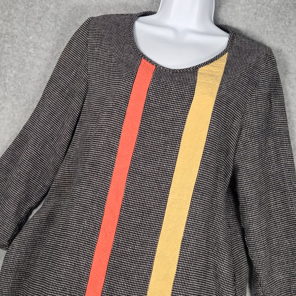 Khangura Women Small 3/4 Sleeve Linen Cotton Top Multi Stripe Panel Tunic Black